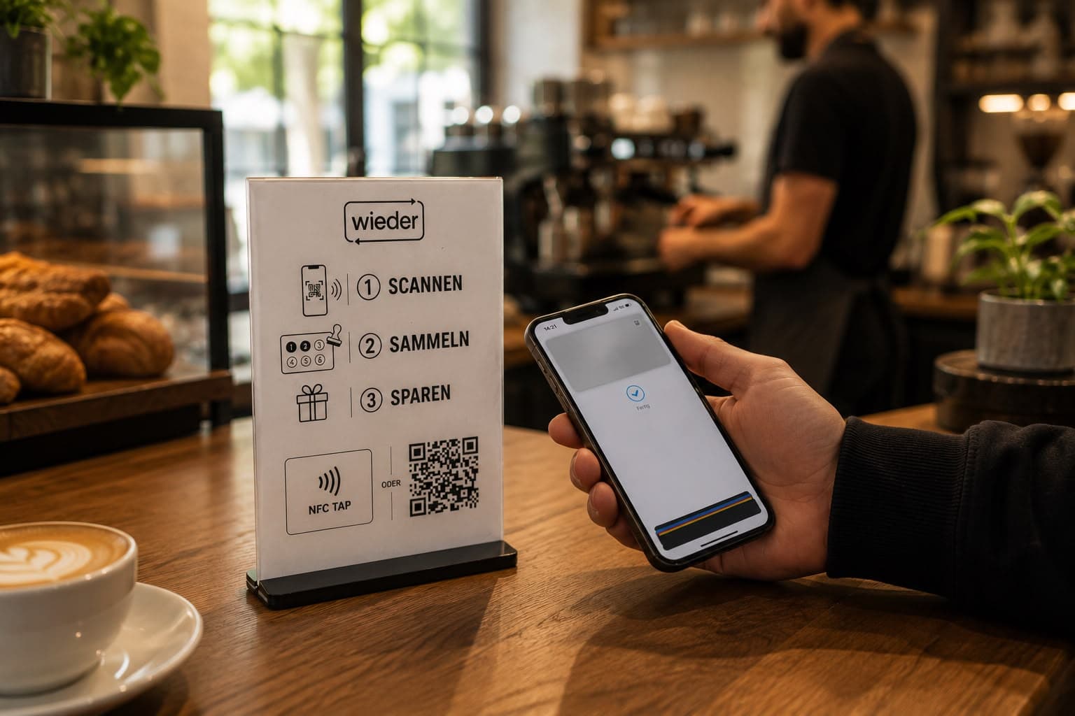 Kunde hält iPhone an wieder-Aufsteller im Café