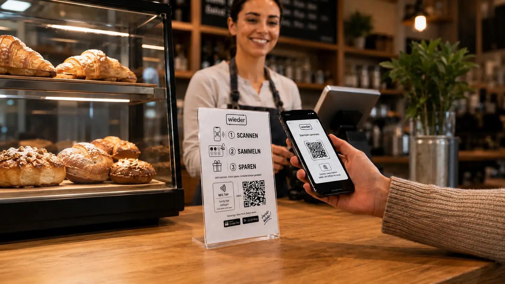 Kunde scannt QR-Code im Café